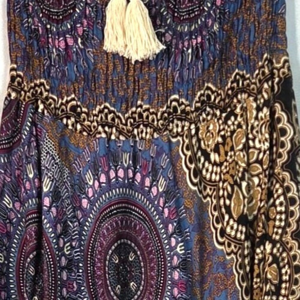 Lanna Bohemian Boho 70s Style Printed Smocked Halter Beach Midi Dress Size L/XL - Picture 3 of 8